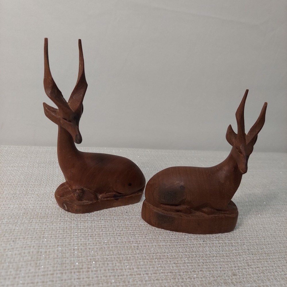 Vintage Hand Carved Wood Gazelle Antelope Figurine Pair Mid Century Modern Decor